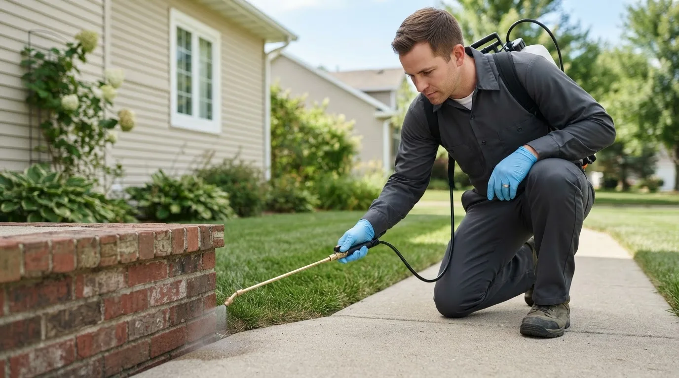 Pest control technician treating a home near Wellington, UT